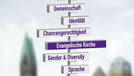 Schild mit Aufschriften: Identität, Gender & Diversity, Chancengerechtigkeit, Beruf und Familie, Sprache ...