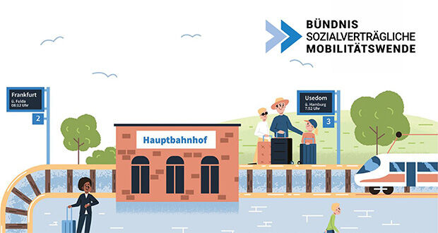 Logo Bündnis  Sozialverträgliche Mobilitäteswende und Illustration eines Bahnsteigs