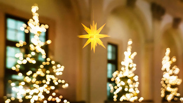 Herrnhuter Stern in einer Kirche mit beleuchteten Tannenbäumen