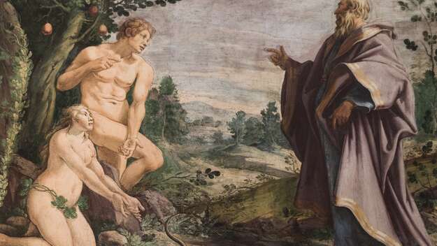 Gemälde: Gott konfrontiert Adam und Eva nach dem Sündenfall