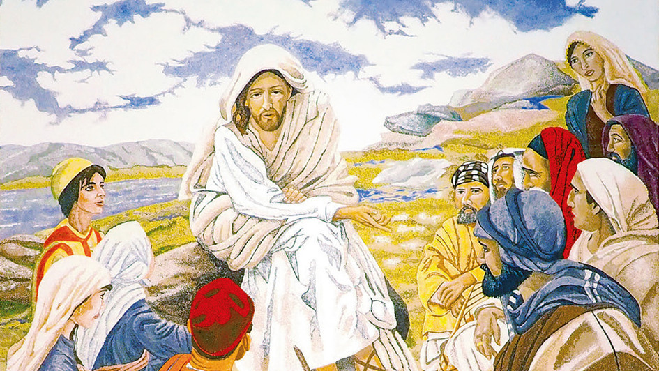 Früchteteppich, der Jesus bei der Bergpredigt mit seinen Jüngern zeigt