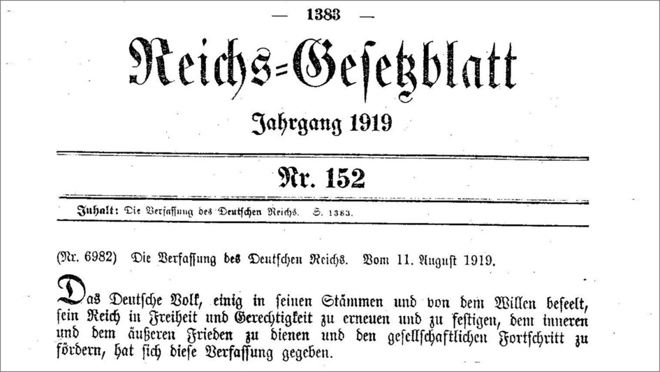 Deutsches Reichsgesetzblatt von 1919 mit Verkündung der Deutschen Reichsverfassung