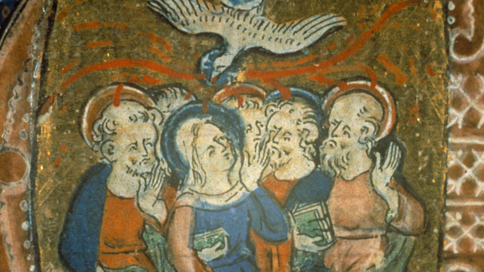 Buchmalerei aus dem 14. Jh.: die biblischen Szene der Ausgiessung des Heiligen Geistes in einer Initiatle 'U'. Das Werk befindet sich in der Oxforder Bodleian Library.