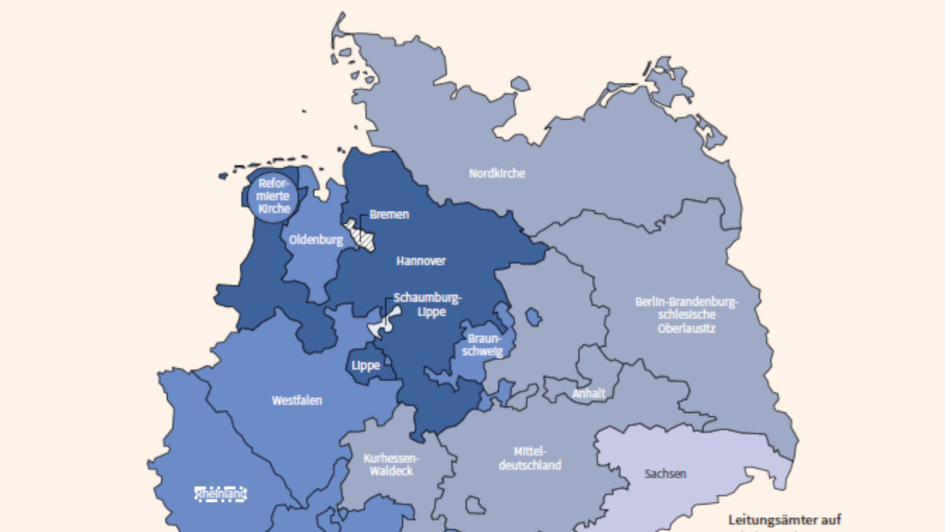 Ausschnitt einer Deutschlandkarte mit Landeskirchen